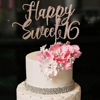 YUINYO Happy Sweet 16 Cake Topper -Cheers to 16 Year - Happy 16th Birthday Cake Topper- Sweet Sixteen /16th Wedding Anniversary Party Decoration (Rose Gold)