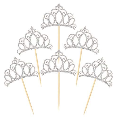 Donoter 48 Pieces Silver Glitter Princess Crown Cupcake Toppers Picks for Birthday Baby Shower Party Cake Decorations