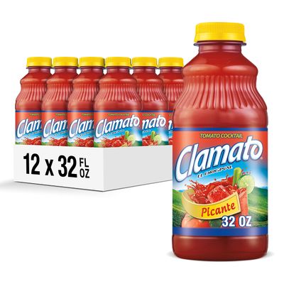 Clamato Picante Tomato Cocktail, 32 fl oz bottle (Pack of 12), Authentic Spicy Flavored Tomato Juice, Perfect Mixer for Micheladas and Bloody Mary Drinks and other Cocktail Spirits