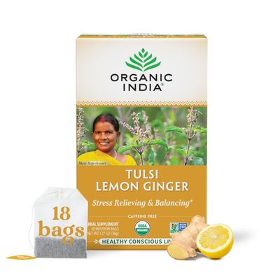 Organic India Tulsi Lemon Ginger Herbal Tea - Holy Basil, Stress Relieving &amp; Reviving, Immune Support, Aids Digestion, Vegan, USDA Certified Organic, Non-GMO, Caffeine-Free - 18 Infusion Bags, 1 Pack