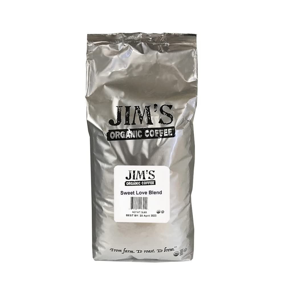 Jims Organic Coffee Sweet Love Blend, Dark Roast, Whole Bean, 5 Pound