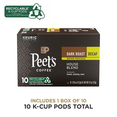 Peet's Coffee, Dark Roast Decaffeinated Coffee K-Cup Pods for Keurig Brewers - Decaf House Blend 10 Count (1 Box of 10 K-Cup Pods)
