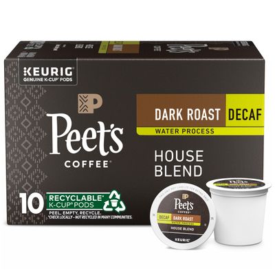 Peet&#39;s Coffee, Dark Roast Decaffeinated Coffee K-Cup Pods for Keurig Brewers - Decaf House Blend 10 Count (1 Box of 10 K-Cup Pods)