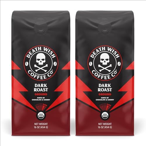 Death Wish Coffee Dark Roast Grounds -16 Oz, 2 Packs of Bold &amp; Intense Blend of Arabica &amp; Robusta Beans - USDA Organic Ground Coffee - Pack of 2