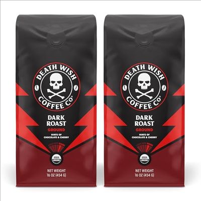 Death Wish Coffee Dark Roast Grounds -16 Oz, 2 Packs of Bold &amp; Intense Blend of Arabica &amp; Robusta Beans - USDA Organic Ground Coffee - Pack of 2