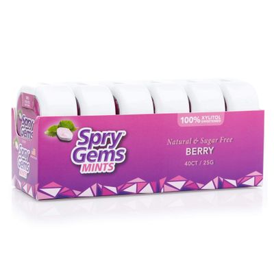 Spry Gems Natural Berry Xylitol Mints, On The Go Oral Care, Sugar Free Mints for Dry Mouth, Promote Oral Health, Increase Saliva Production and Stop Bad Breath - Berry 40 Count (Pack of 6)