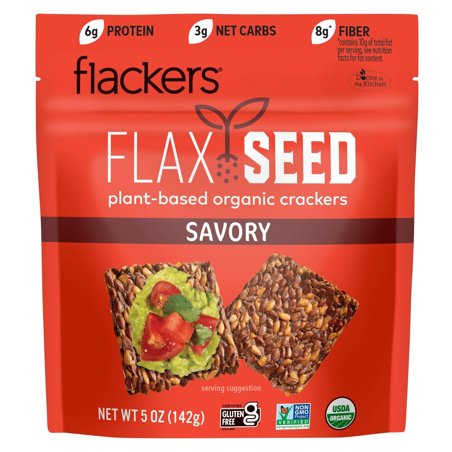 Flackers Organic Savory Flaxseed Crackers, Gluten Free, Non GMO, Vegan, Keto Snack, 8g Fiber, 3g Net Carbs, 5 Ounce 1-Pack