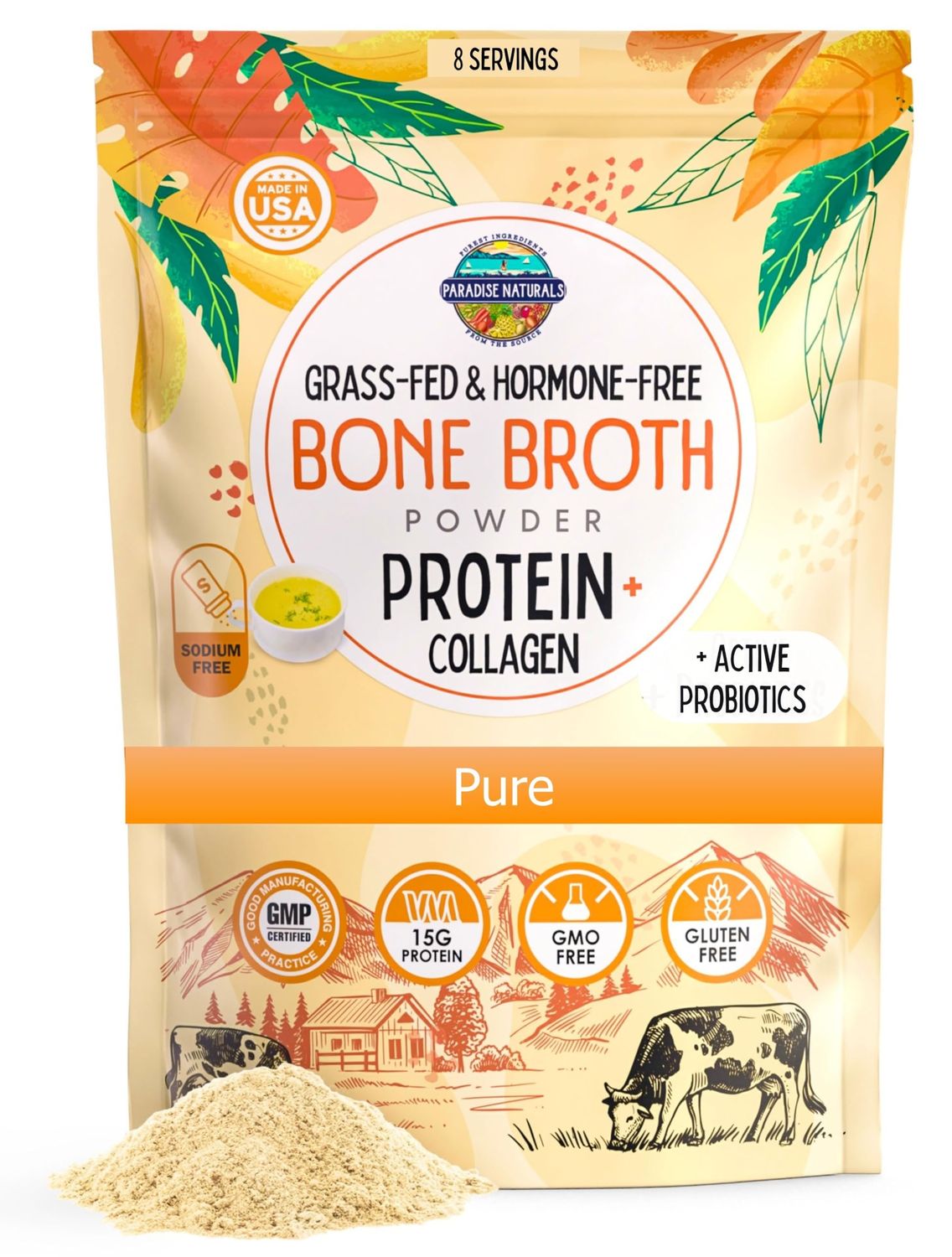 Paradise Naturals 100% Grass-Fed Organic Beef Bone Broth Protein Powder, Active Probiotics, Collagen Peptide Rich, 15g Protein, Non-GMO, Low Sodium, Healthy Skin, Gut Health, Paleo Keto, No Gluten