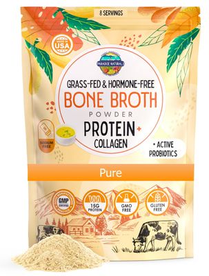 Paradise Naturals 100% Grass-Fed Organic Beef Bone Broth Protein Powder, Active Probiotics, Collagen Peptide Rich, 15g Protein, Non-GMO, Low Sodium, Healthy Skin, Gut Health, Paleo Keto, No Gluten