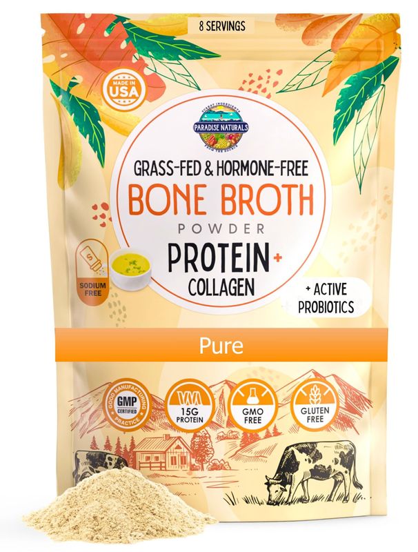 Paradise Naturals 100% Grass-Fed Organic Beef Bone Broth Protein Powder, Active Probiotics, Collagen Peptide Rich, 15g Protein, Non-GMO, Low Sodium, Healthy Skin, Gut Health, Paleo Keto, No Gluten