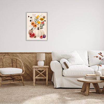 Stupell Industries Autumn Harvest Arrangement Pumpkin Pomegranate Fig Fruits Grey Framed Wall Art, 24 x 30, Beige
