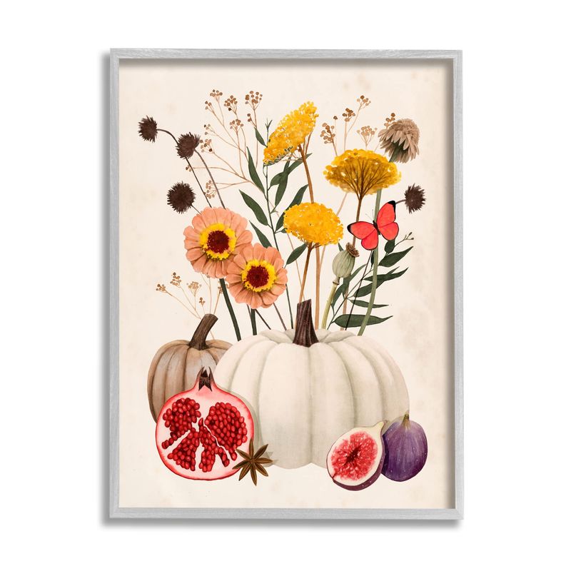 Stupell Industries Autumn Harvest Arrangement Pumpkin Pomegranate Fig Fruits Grey Framed Wall Art, 24 x 30, Beige