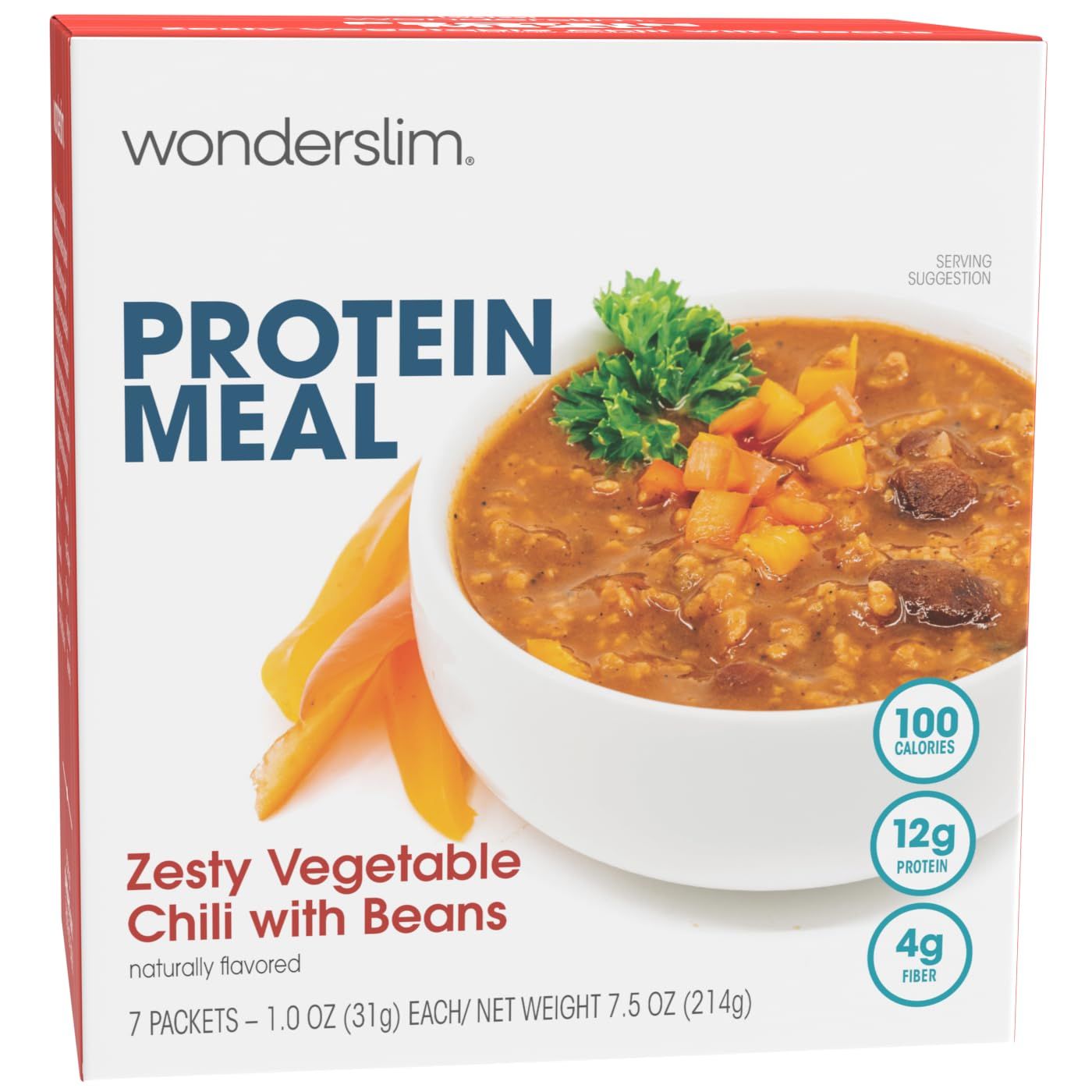 WonderSlim Protein Meal, Zesty Vegetable Chili w/Beans, 12g Protein, 4g Fiber, Gluten Free (7ct)