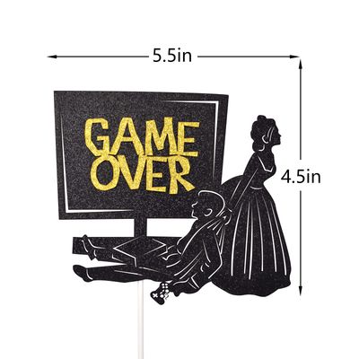 Game Over Cake Topper for Wedding Party Decorations, Funny Bride and Groom Cake Decor, Wedding Reception, Engagement Party Supplies (Double-sided Black Glitter)