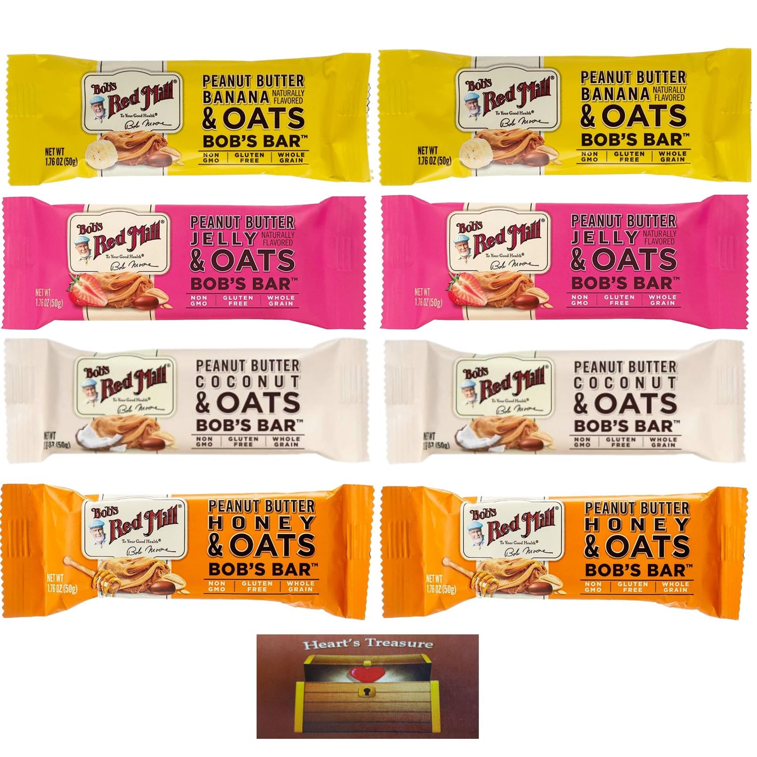 Bob&#39;s Red Mill Peanut Butter Coconut, Banana, Honey And Jelly Oat Bars 1.76 Oz., Two Of Each (8 Pack) 1.76 Ounce (Pack of 8)