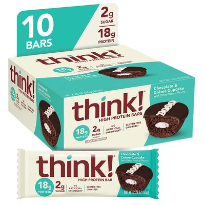 think! Protein Bars, High Protein Snacks, Gluten Free, Low Sugar Energy Bar with Whey Protein Isolate, Chocolate &amp; Crme Cupcake, Nutrition Bars without Artificial Sweeteners, 2.1 Oz (10 Count)