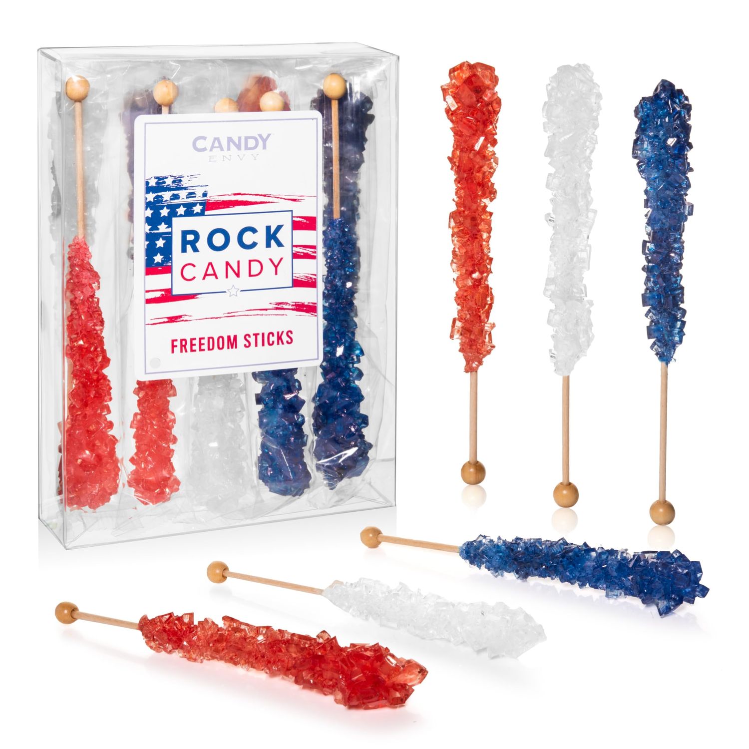 Candy Envy - USA Freedom Rock Candy Sugar Sticks - 10CT. Indiv. Wrapped - Red, White, &amp; Navy Blue