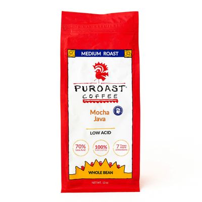 Puroast Low Acid Coffee Bean | Mocha Java Whole Bean | Medium Roast | High Antioxidants &amp; High pH |No Bitter Aftertaste | Reduced Heartburn &amp; GERD | Suitable for Cold Brew - 12 oz
