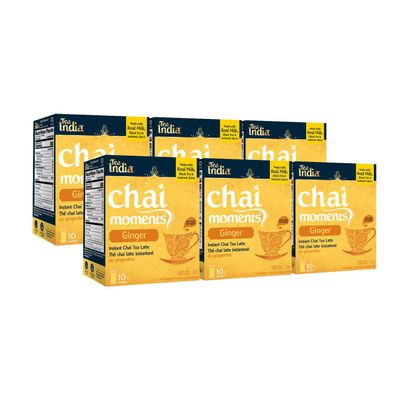 Tea India Chai Moments Ginger Chai Tea Instant Latte Mix Flavorful Blend Of Premium Black Tea, Ginger &amp; Natural Ingredients Traditional Indian Caffeinated Tea Individually Wrapped 10 Sachets Pack of 6