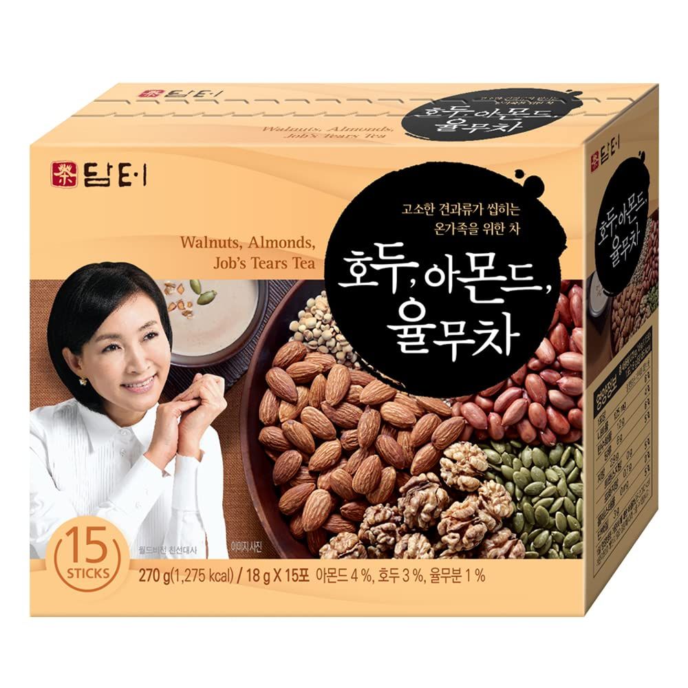Damtuh Korean Walnut Almond Adlay (Job&#39;s Tear) Powder Meal Replacement Shake - Nutty Breakfast Drink, Misugaru, 18g x 15 Sticks (Pack of 1)