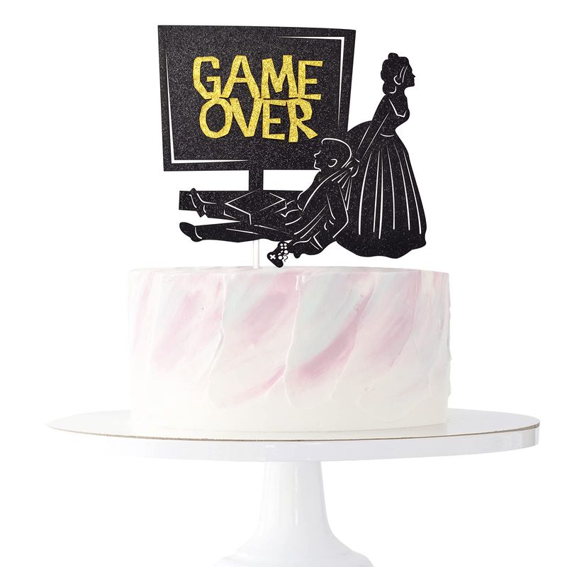Game Over Cake Topper for Wedding Party Decorations, Funny Bride and Groom Cake Decor, Wedding Reception, Engagement Party Supplies (Double-sided Black Glitter)