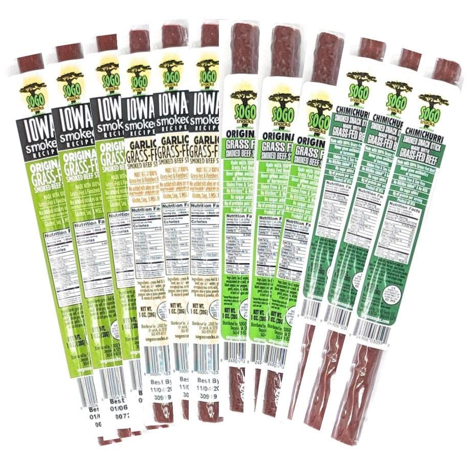 Mild Variety, Sogo Snacks, 4 No Sugar, 100% Grass-fed/finished, Non-GMO, Beef Flavors. No Nitrates, Gluten, Soy, MSG, Dairy, Nuts. Keto Friendly (3 Org-ISR, 3 Garlic-ISR, 3 Org, 3 Chimi, 12-cnt, 1-oz)