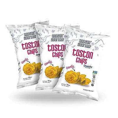 ANDEAN GOURMET Garlic Toston Chips 10oz (Pack of 3) - Gluten Free, All Natural, NON-GMO and Kosher - Plantain Dipping Chip