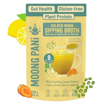 SPROUTED Mung Sipping Broth | MILD &amp; SOOTHING with LEMON &amp; TURMERIC | Plant Protein | Vegan Soup Powder | 100% Natural | Gluten-free, Soy-free | Keto-friendly | Instant | Ayurvedic | 9 Servings