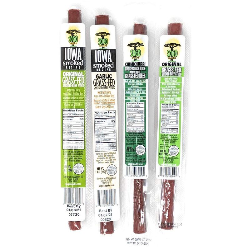 Mild Variety, Sogo Snacks, 4 No Sugar, 100% Grass-fed/finished, Non-GMO, Beef Flavors. No Nitrates, Gluten, Soy, MSG, Dairy, Nuts. Keto Friendly (3 Org-ISR, 3 Garlic-ISR, 3 Org, 3 Chimi, 12-cnt, 1-oz)