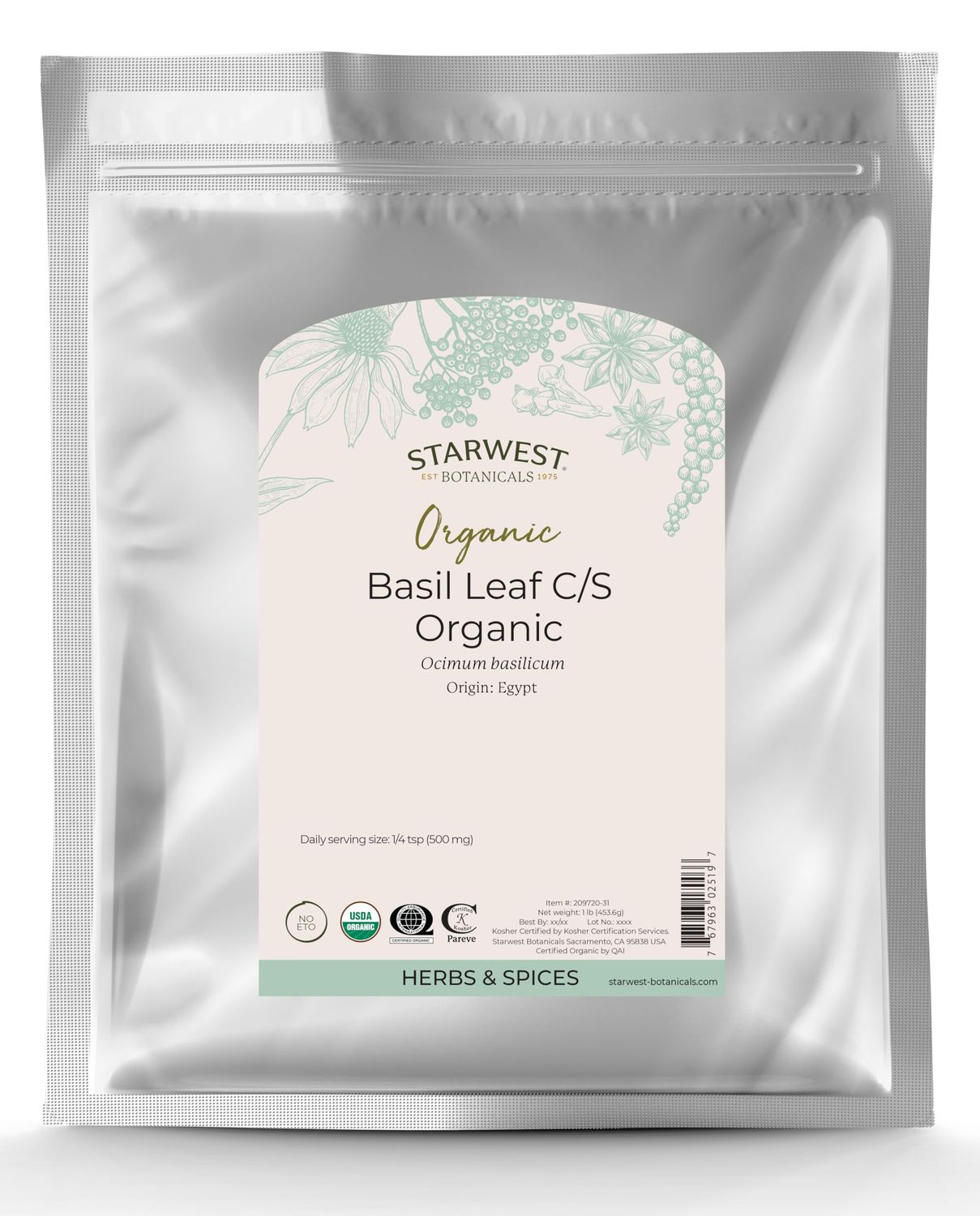 Starwest Botanicals Organic Basil Cut, 1-pound Bag
