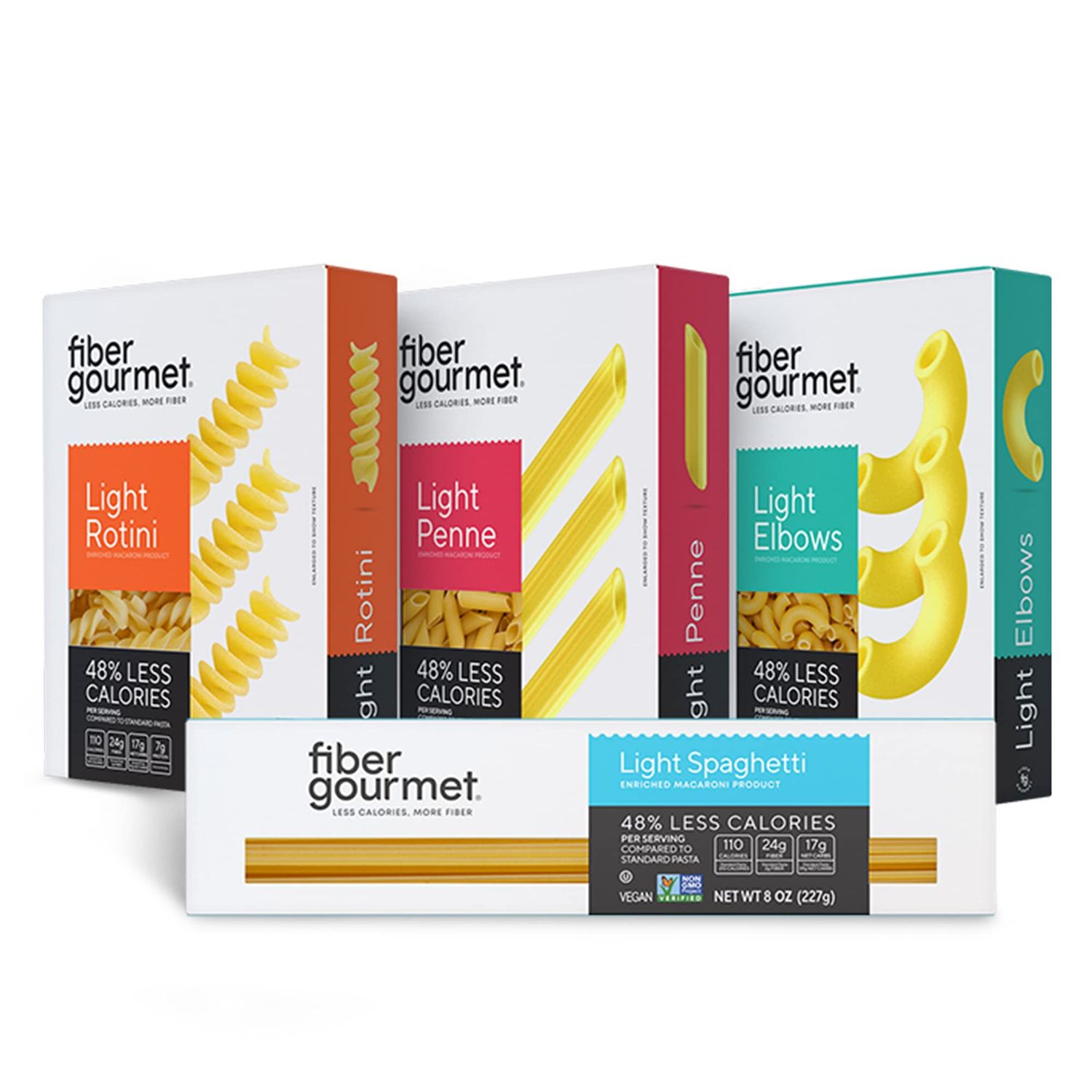 Fiber Gourmet Pasta Variety Pack, 1 8oz Box Each of Spaghetti, Rotini, Penne, Elbows, Low Calorie &amp; Fiber-Rich Pasta Bulk, Made in Italy, Non-GMO, Kosher, Vegan (4-Pack)