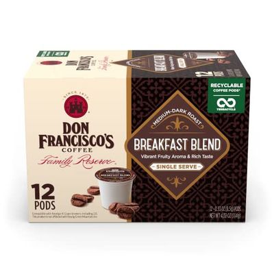Don Francisco&#39;s Breakfast Blend Medium-Dark Roast Coffee Pods: 12 K-Cup Compatible Single-Serve Pods, 100% Arabica Coffee, Fruity Aroma, Rich Flavor, Recyclable through TerraCycle