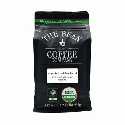 The Bean Organic Coffee Company Breakfast Blend, Medium Dark Roast, Ground Coffee, 16-Ounce Bag,Caf molido tostado organico