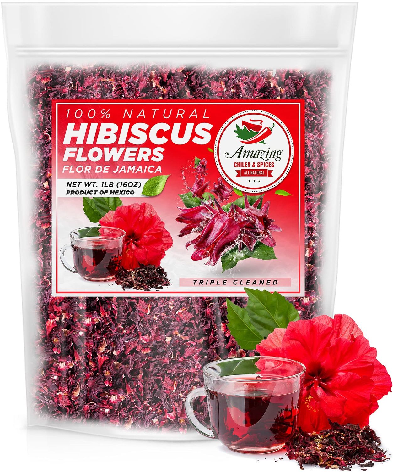 Hibiscus Flowers 2lb (32oz) - All Natural, Triple Cleaned - Whole Soft Flowers and Petals - Flor de Jamaica. Great for Hot or Iced Tea and Agua Fresca. By Amazing Chiles and Spices