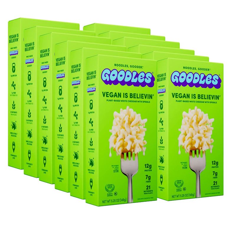 Goodles Vegan Is Believin Mac &amp; Cheese 12-Pack, 5.25oz - 12g Protein, 7g Fiber with Prebiotics, 21 Nutrients - Kosher and Clean Label Certified