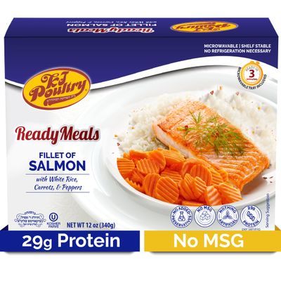KJ Poultry Kosher Ready Meals - Salmon Fillet Fish, Parve MRE Meal Ready to Eat, Protein Food (1 Pack) Prepared Entree Fully Cooked, Shelf Stable Microwave Dinner, Travel, Military, Camping, Survival