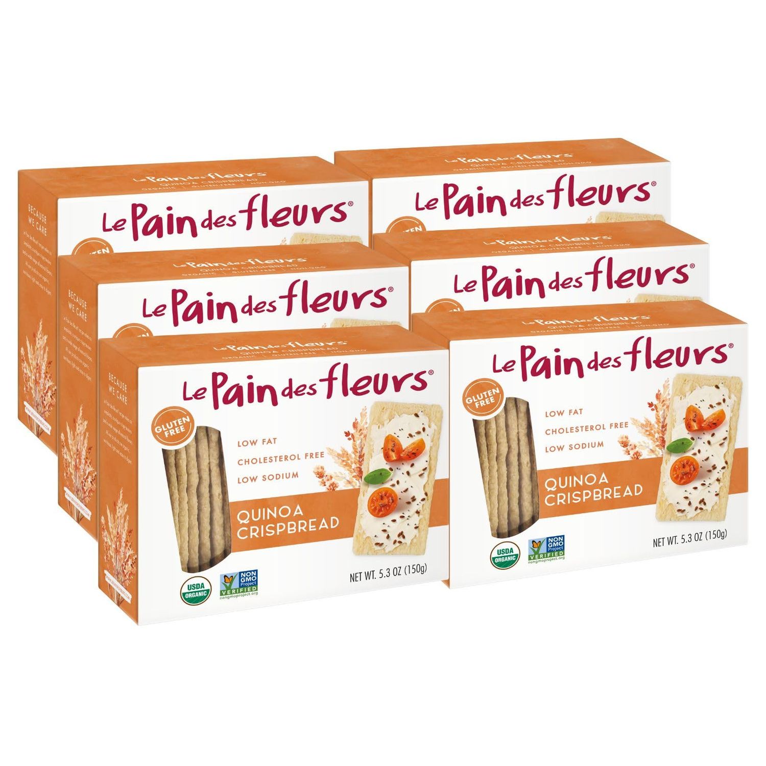 Le Pain Des Fleurs Organic Quinoa Crispbread | Low Sodium, Low Fat, Vegan, &amp; Gluten Free Crackers| 6 Pack of 5.3 oz Boxes