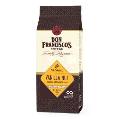 Don Francisco&#39;s Premium Vanilla Nut Medium Roast Ground Coffee - 100% Arabica Beans, Perfect for Drip, Pour Over, and French Press - Carefully Sourced, Family-Crafted Since 1870 (12 oz Bag)