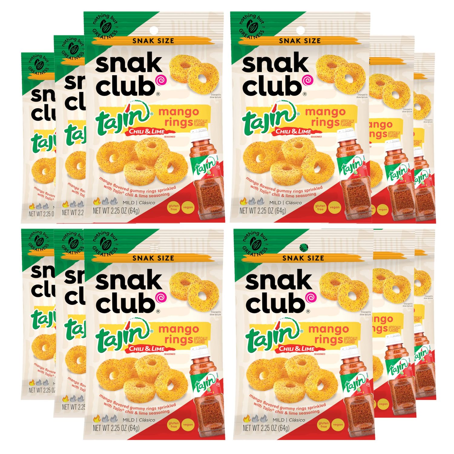 Snak Club Tajin Mango Rings Gummy Candy, Fruit Candy Gummies with Chili and Lime Seasoning, Mild, Gluten-Free and Vegan Snacks, 2.25 oz Snack Bags, 12 Pack