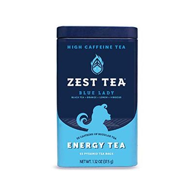 Zest Tea Premium Energy Hot Tea, High Caffeine Blend Natural &amp; Healthy Traditional Black Coffee Substitute, Perfect for Keto, 150 mg Caffeine per Serving, Blue Lady Black Tea, Tin of 15 Sachet Bags