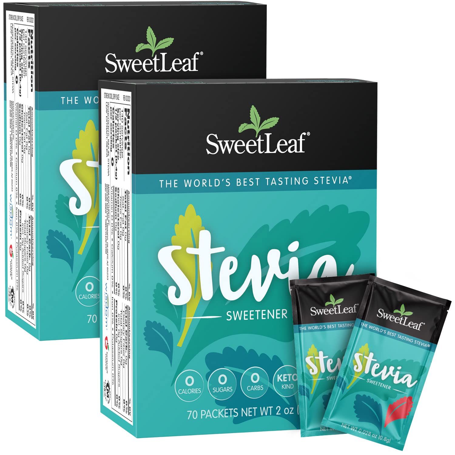 SweetLeaf Stevia Packets - Zero Calorie Natural Stevia Powder, No Bitter Aftertaste, Sugar Substitute for Keto Coffee, Nothing Artificial, Non-GMO Stevia Sweetener Packets, 70 Count (Pack of 2)