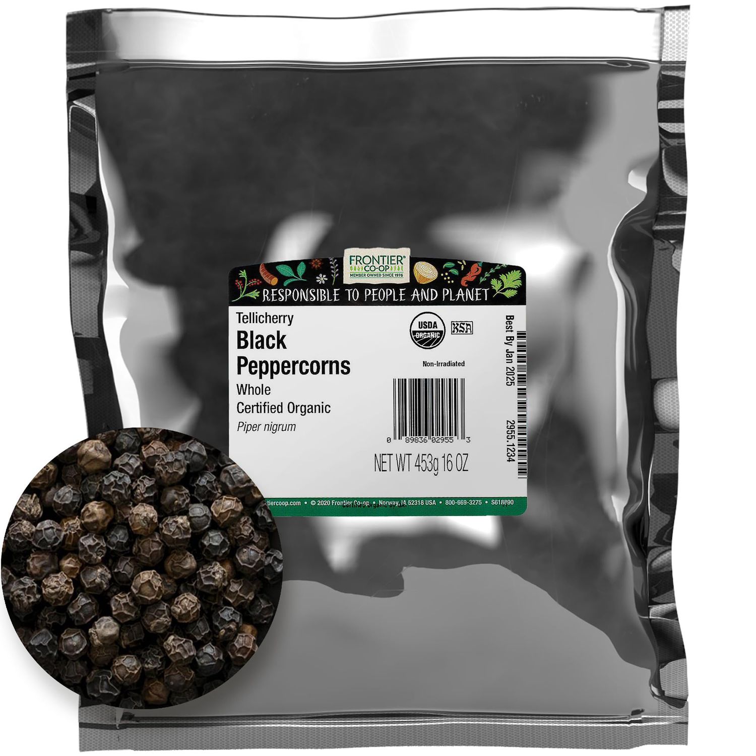 Frontier Co-op Black Peppercorns Whole, 1lb Bulk Bag - Tellicherry Black Pepper - Organic Peppercorns for Grinder Refill, Cooking, Pickling and More