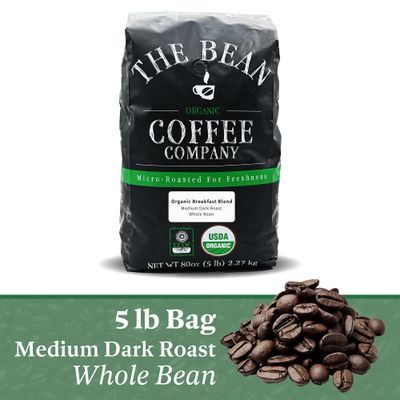 The Bean Organic Coffee Company Breakfast Blend, Medium Dark Roast, Whole Bean Coffee, 5-Pound Bag