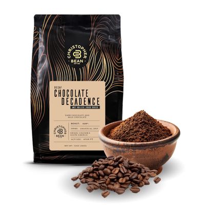Christopher Bean Coffee - Decaf Ground Universal Drip Chocolate Decadence Flavored Coffee| Flavored Coffee with Medium Roast 100% Arabica, No Sugar, No Fats, Non-GMO | 12-Ounce