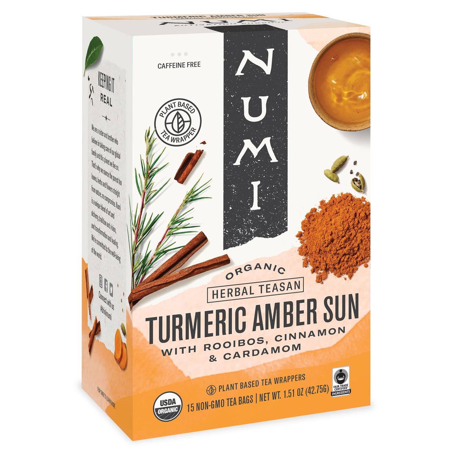 Numi Organic Amber Sun Turmeric Tea, 15 Tea Bags (Pack of 3), With Rooibos &amp; Spices, Herbal Tea (Packaging May Vary).
