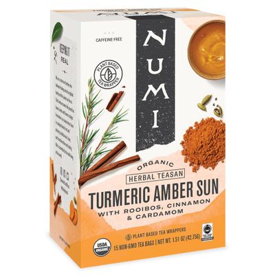 Numi Organic Amber Sun Turmeric Tea, 15 Tea Bags (Pack of 3), With Rooibos &amp; Spices, Herbal Tea (Packaging May Vary).