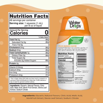 SweetLeaf Water Drops, Peach Mango - Sugar-Free Water Enhancer Drops, Stevia &amp; Monk Fruit Sweetener Water Flavoring, 1.62 Oz (Pack of 6)
