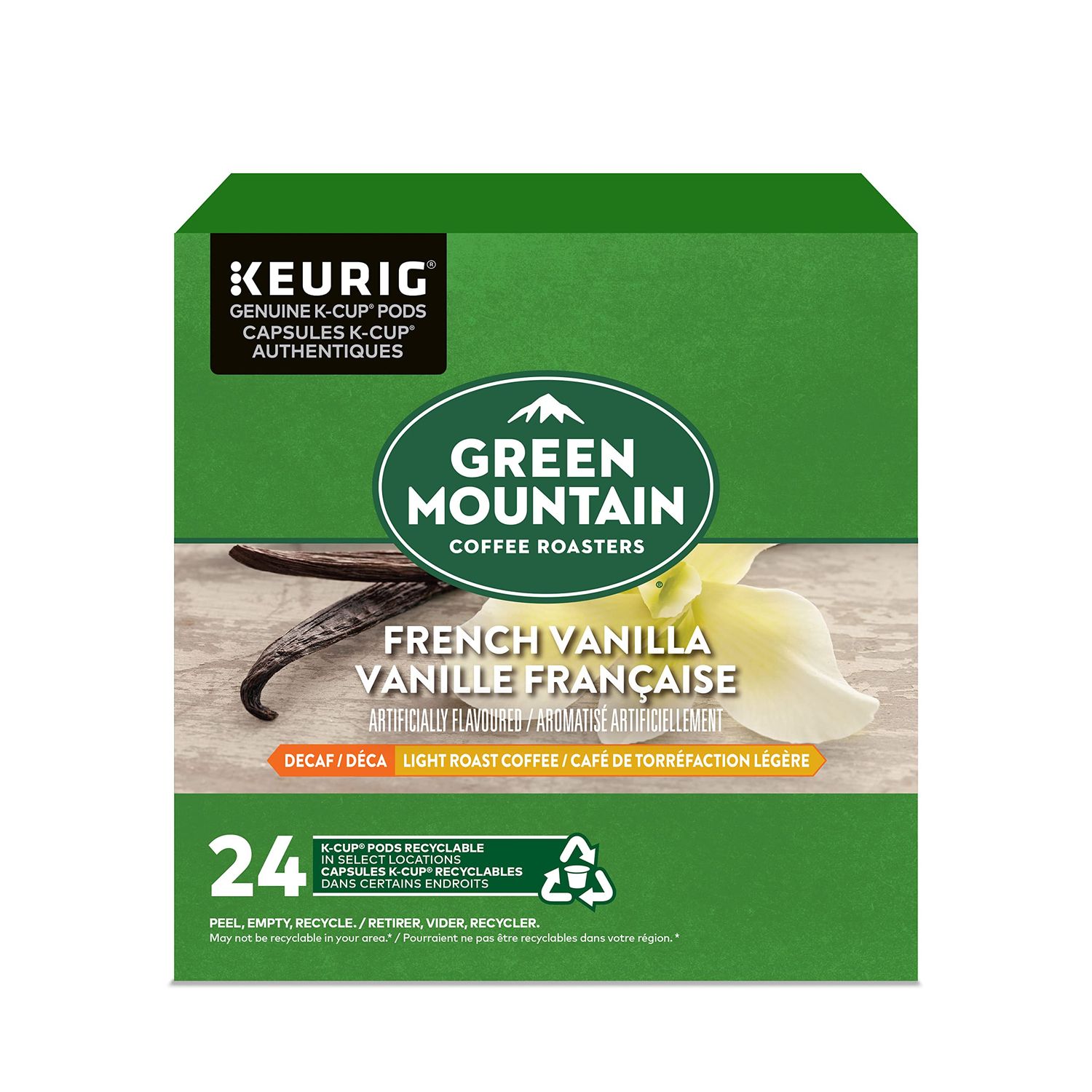 Green Mountain Coffee Roasters French Vanilla Decaf, Single-Serve Keurig K-Cup Pods, Flavored Light Roast Coffee, 24 Count