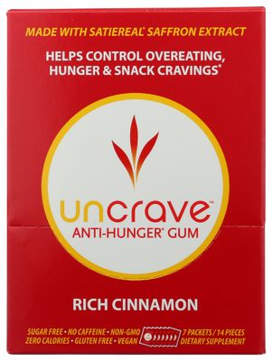 Uncrave Anti-Hunger Gum, Rich Cinnamon, Vegan, Sugar Free, Gluten Free &amp; Non-GMO, 7 Packets, 14 Pieces