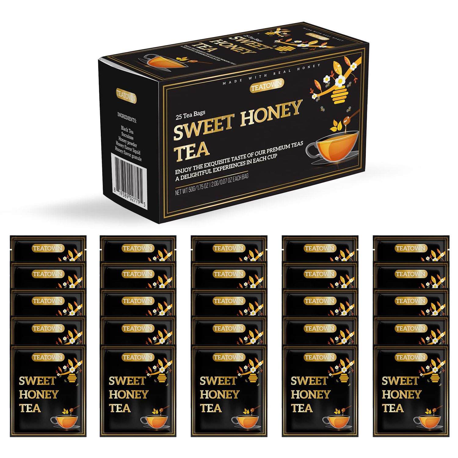 Sweet Premium Honey Infused Herbal Black Tea 25 Bags With Real Pure Honey - Caffeinated